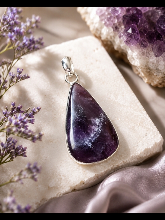 Abenakitozuni.com Jewelry - Indigenous Artisan Hand Made Sterling Silver Amethyst Teardrop Pendant - Purple